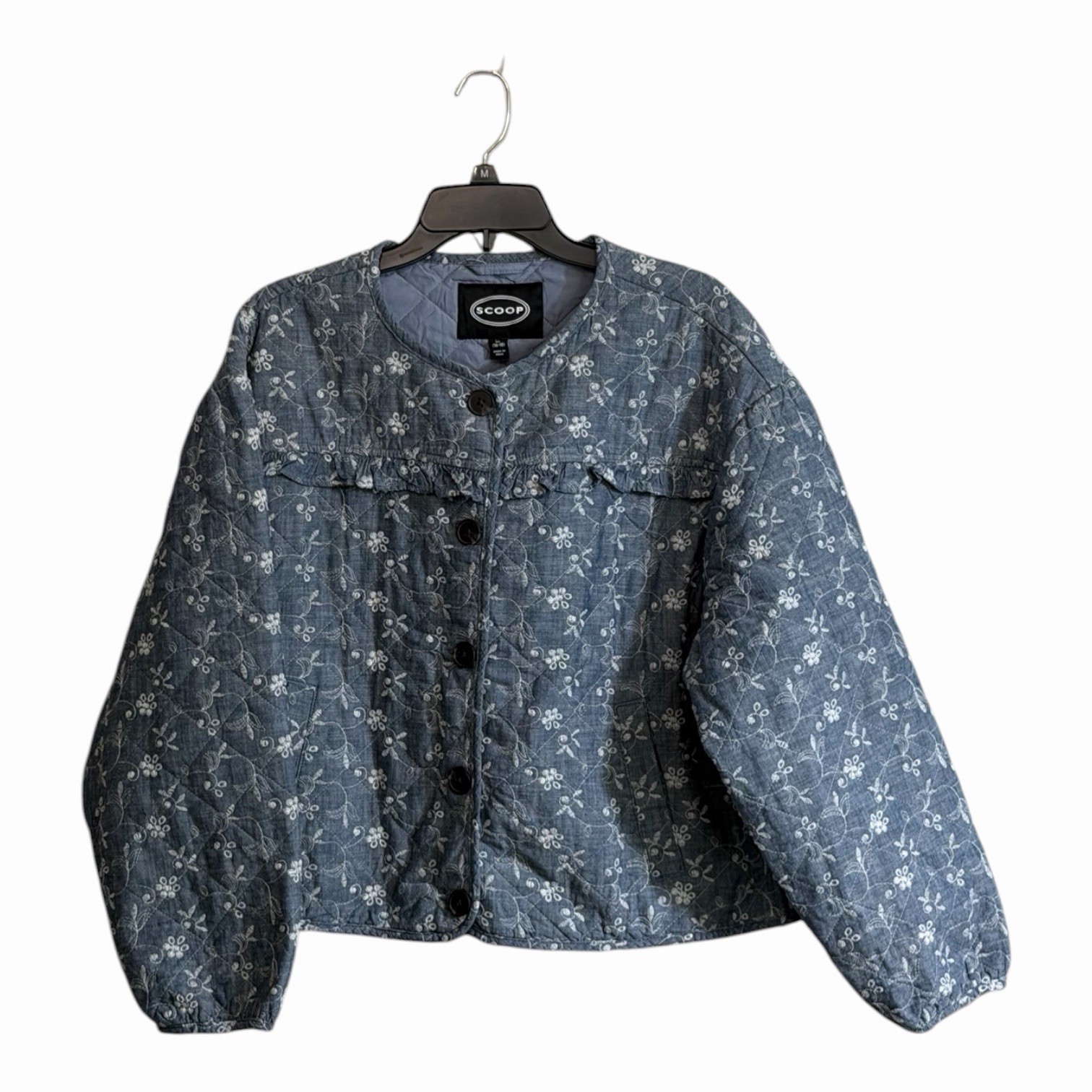 Scoop XL Blue Quilted Jacket Floral Embroidered Ruffle Button Boxy Cottagecore