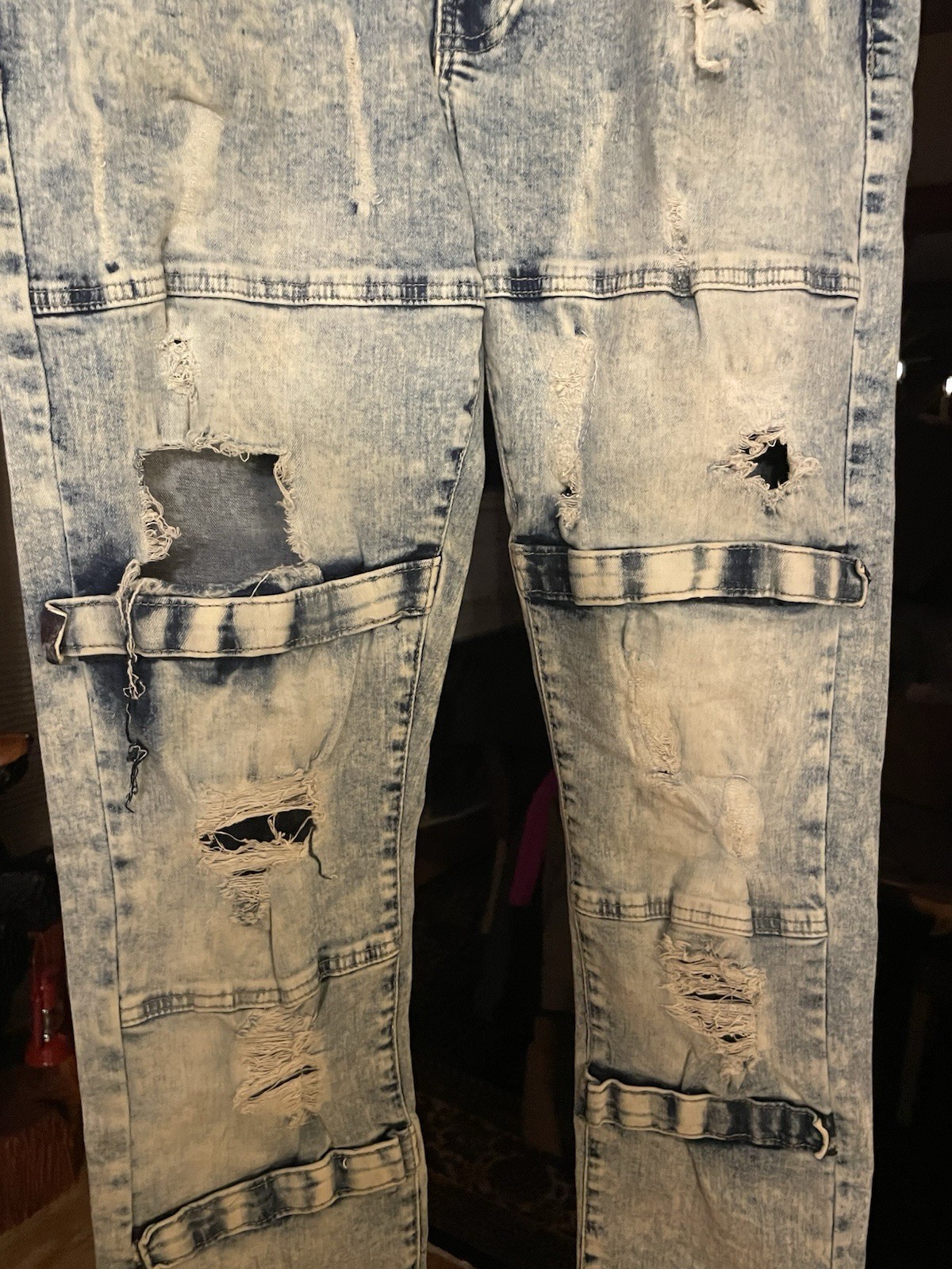 Dash American Light Acid Wash Biker Jeans Distressed Moto Strap Men’s 34×32