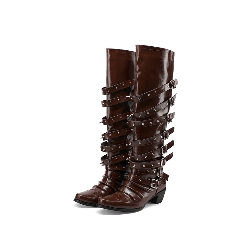 Rivet Cowgirl Knight Boots Women Pointy Toe Multi Buckles Low Heel Western Shoes