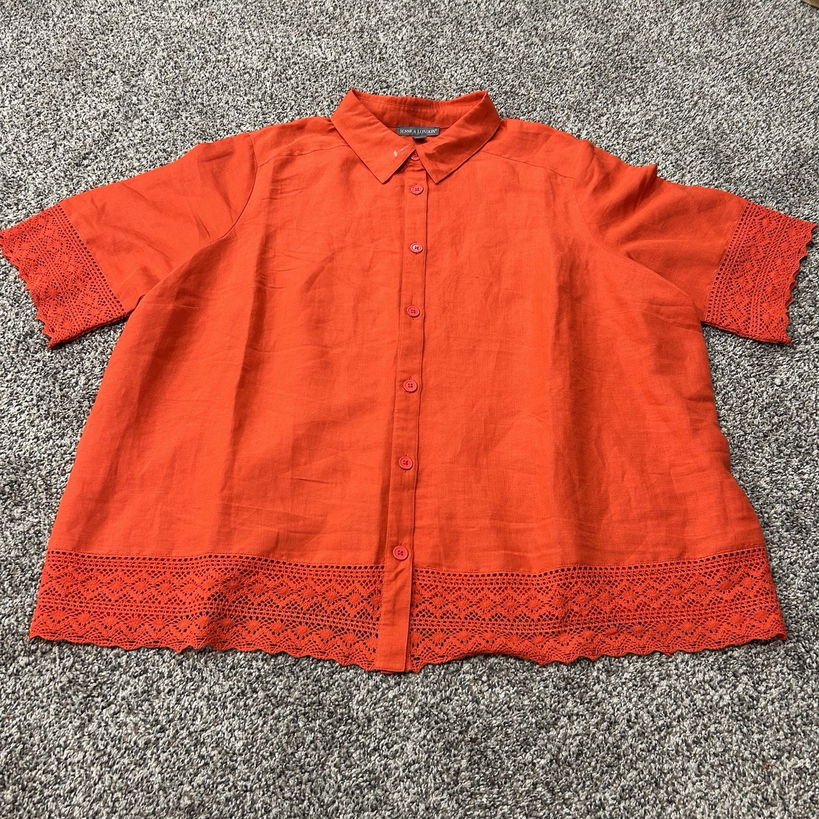 Jessica London Womens Blouse Top Linen Blend Short Sleeve Lace NWT Sz 24W Orange