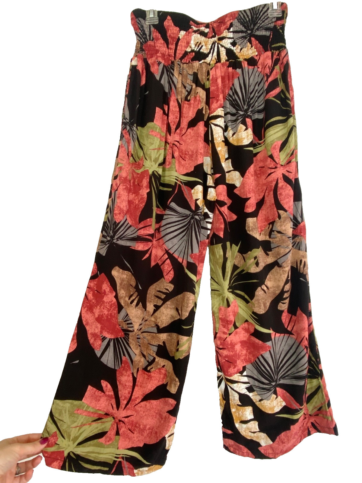 Tropical wide leg pants L XL black coral orange smocking stretch waist lounge