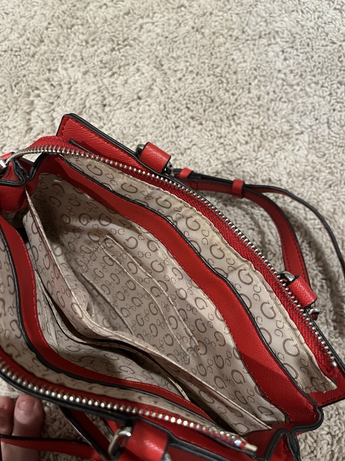GUESS Red Small Satchel Top Handle Zip Bag w/ Detachable Crossbody Strap