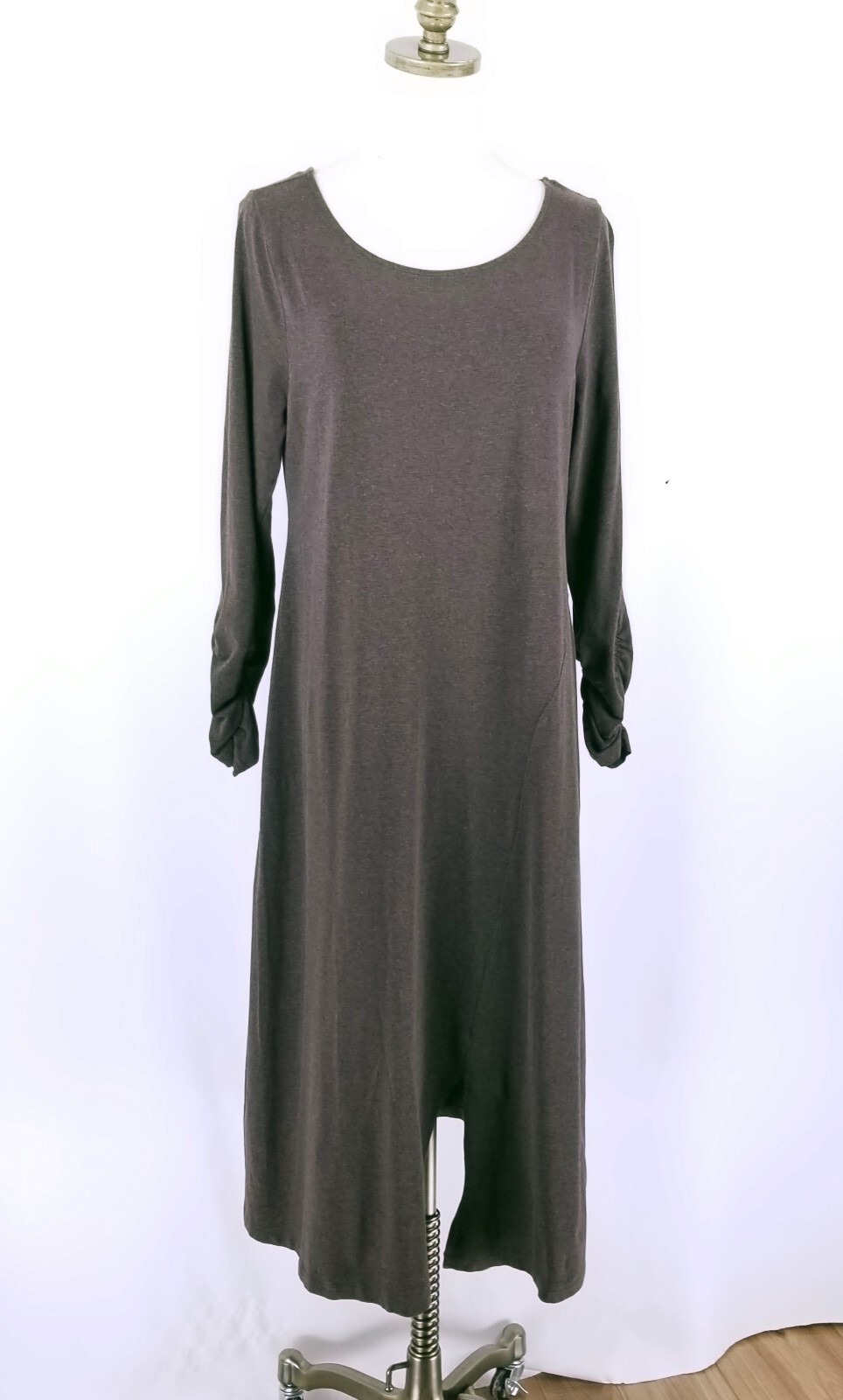 Soft Surroundings Long Sleeve T-Shirt Dress Size L Solid Brown Ruched Sleeve