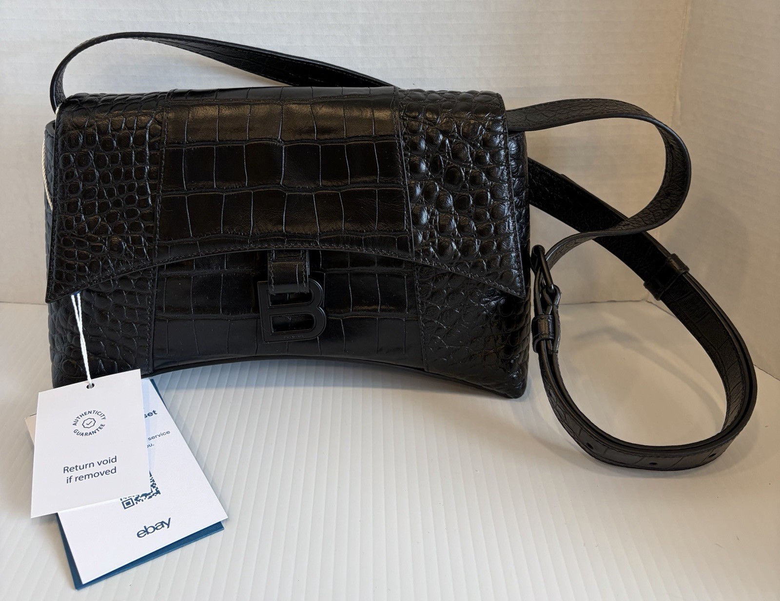 Pre Owned Black Croc Embossed Leather Balenciaga Shoulder Crossbody Handbag VGUC