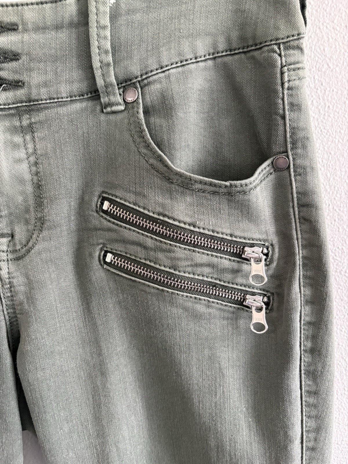 Torrid First at Fit Multi Zip High Rise Skinny Jeggings Olive Green 12R
