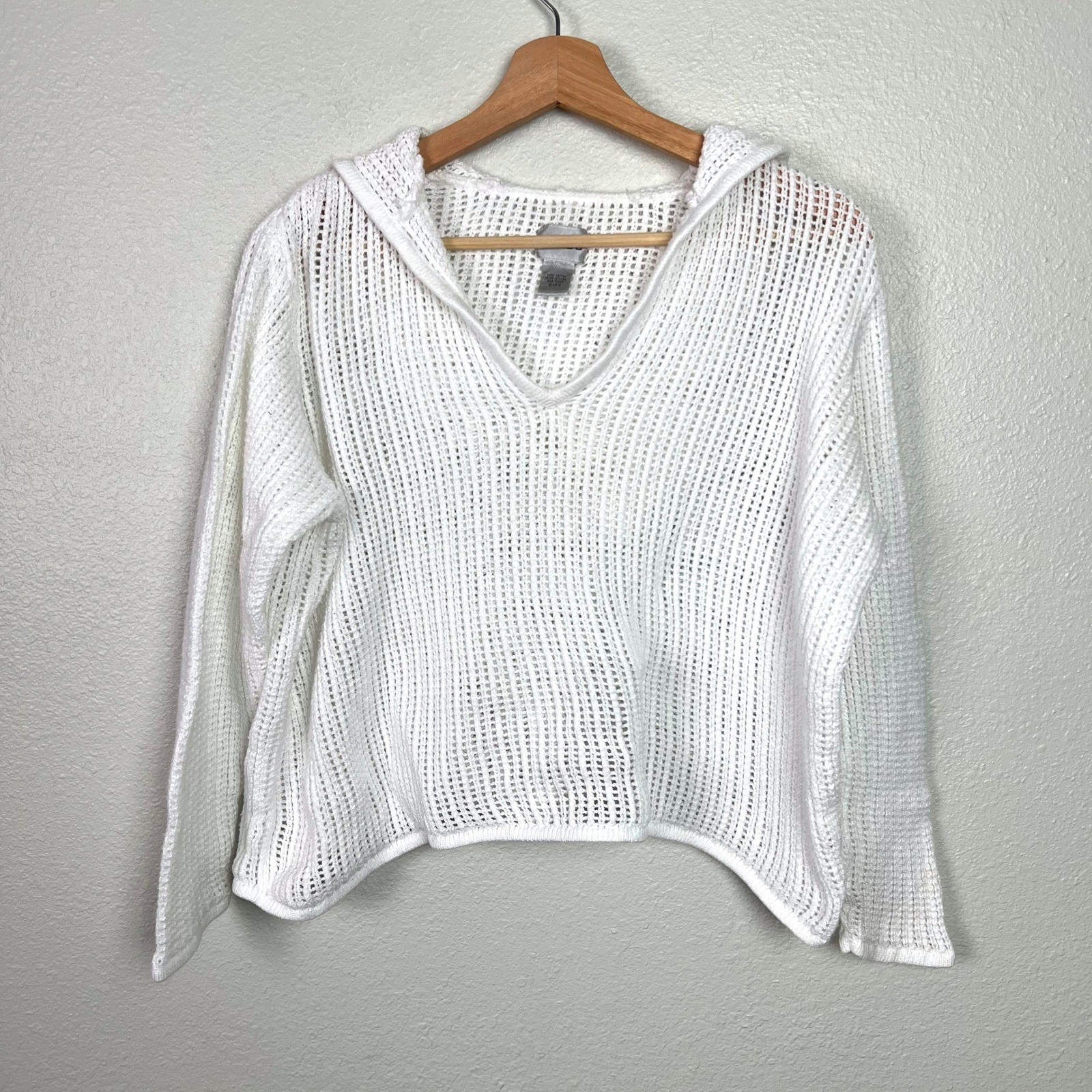 Chicos Womens White Open Knit Cotton Hoodie Sweater Size 2 (Large) Boxy Beach