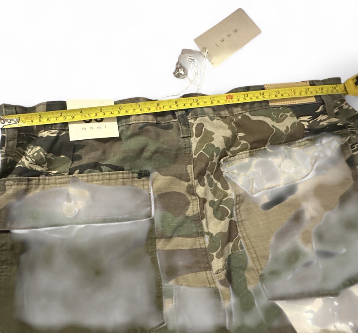 MNML Ultra Baggy Patchwork Denim Jeans, mixed camouflage panel design. Size 38