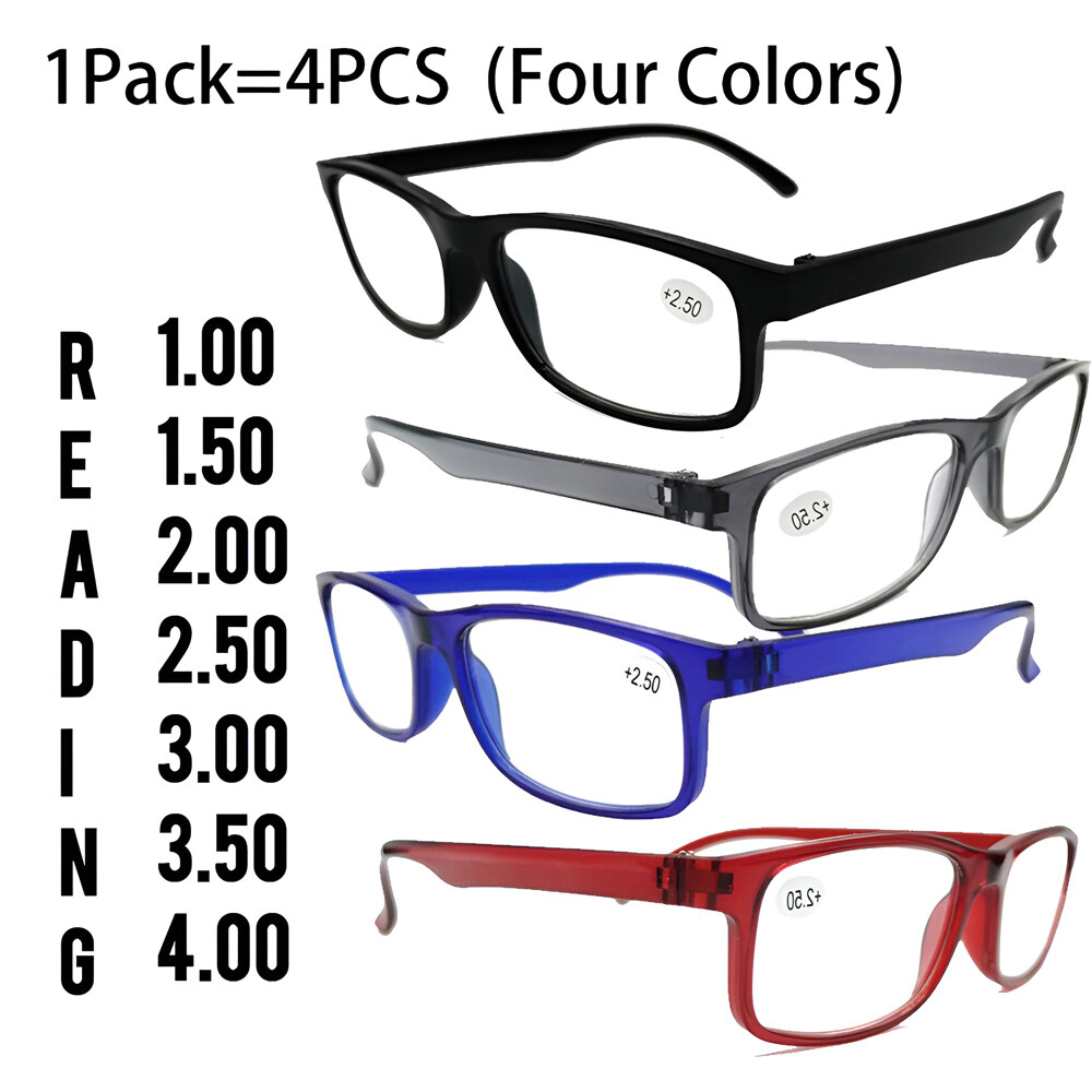 4 Pair Rectangular Spring Hinge Power Reading Reader Glasses For Mens Womens 1-3