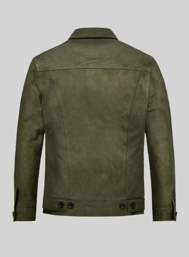 Men’s Olive Green Trucker 100% Real Suede Leather Button Coat Denim Style Jacket