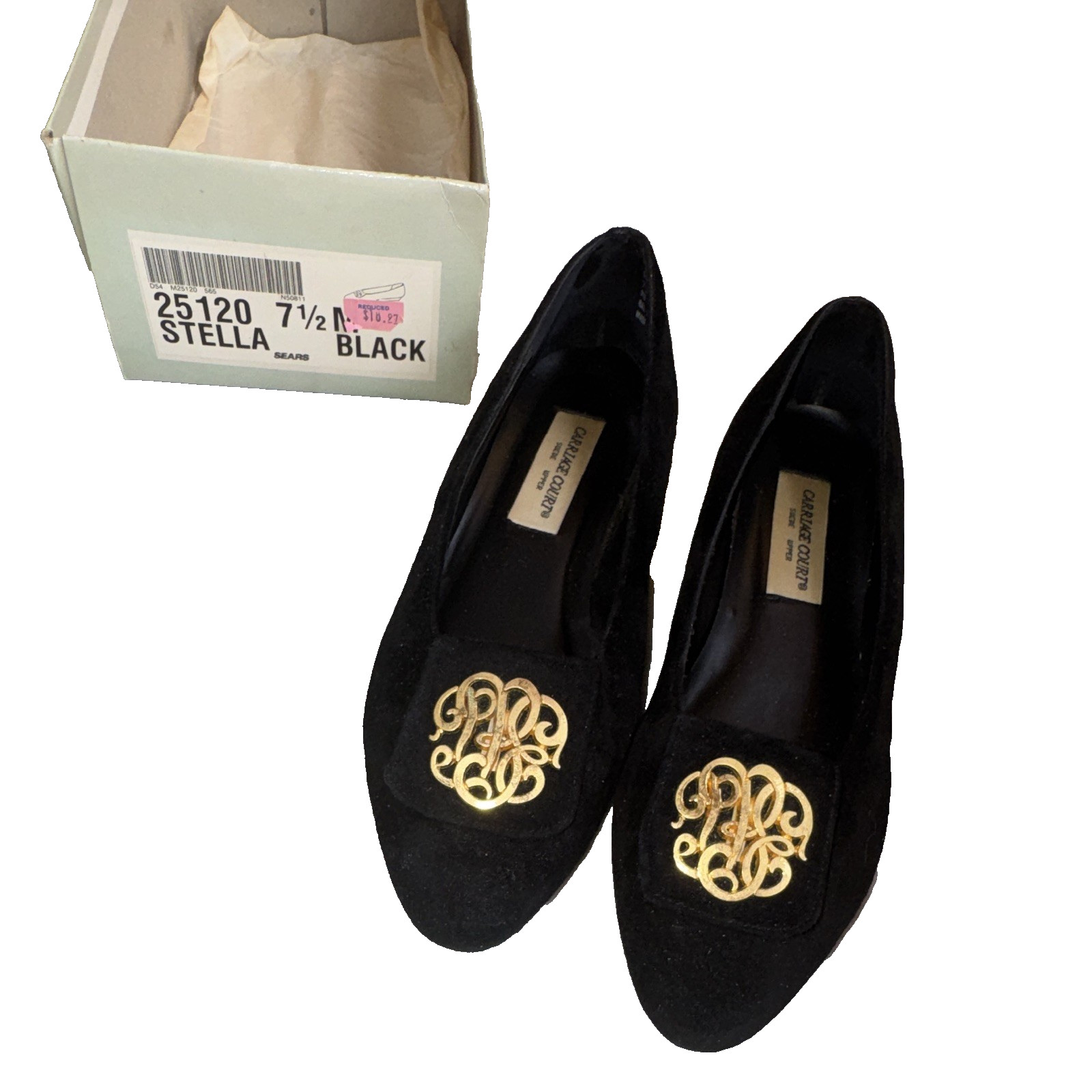Carriage Court black suede slip on flats, gold tone hardware. 7.5M