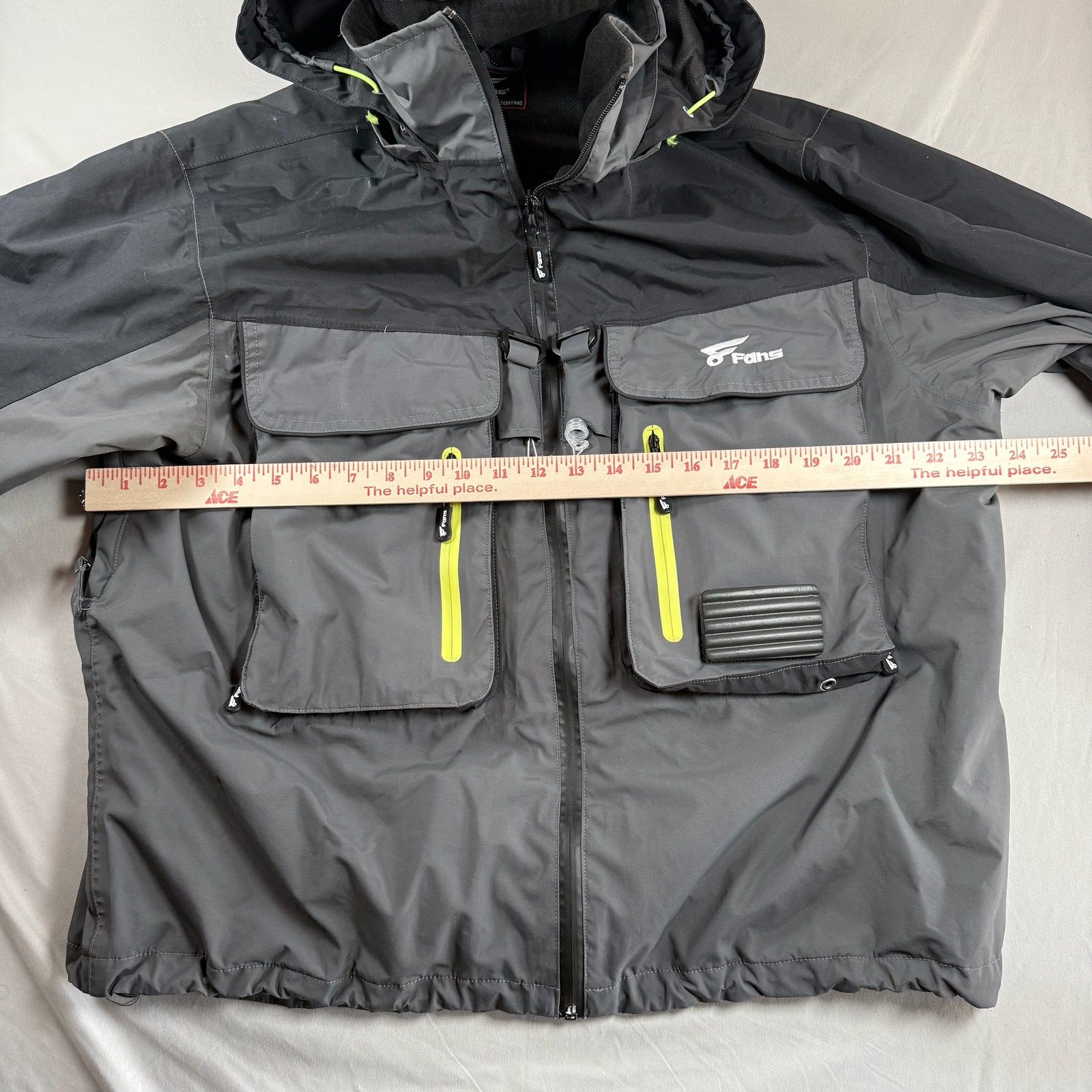 Fans Fly Fishing Wading Jacket Hooded Waterproof Gray Yellow Mens Size Large