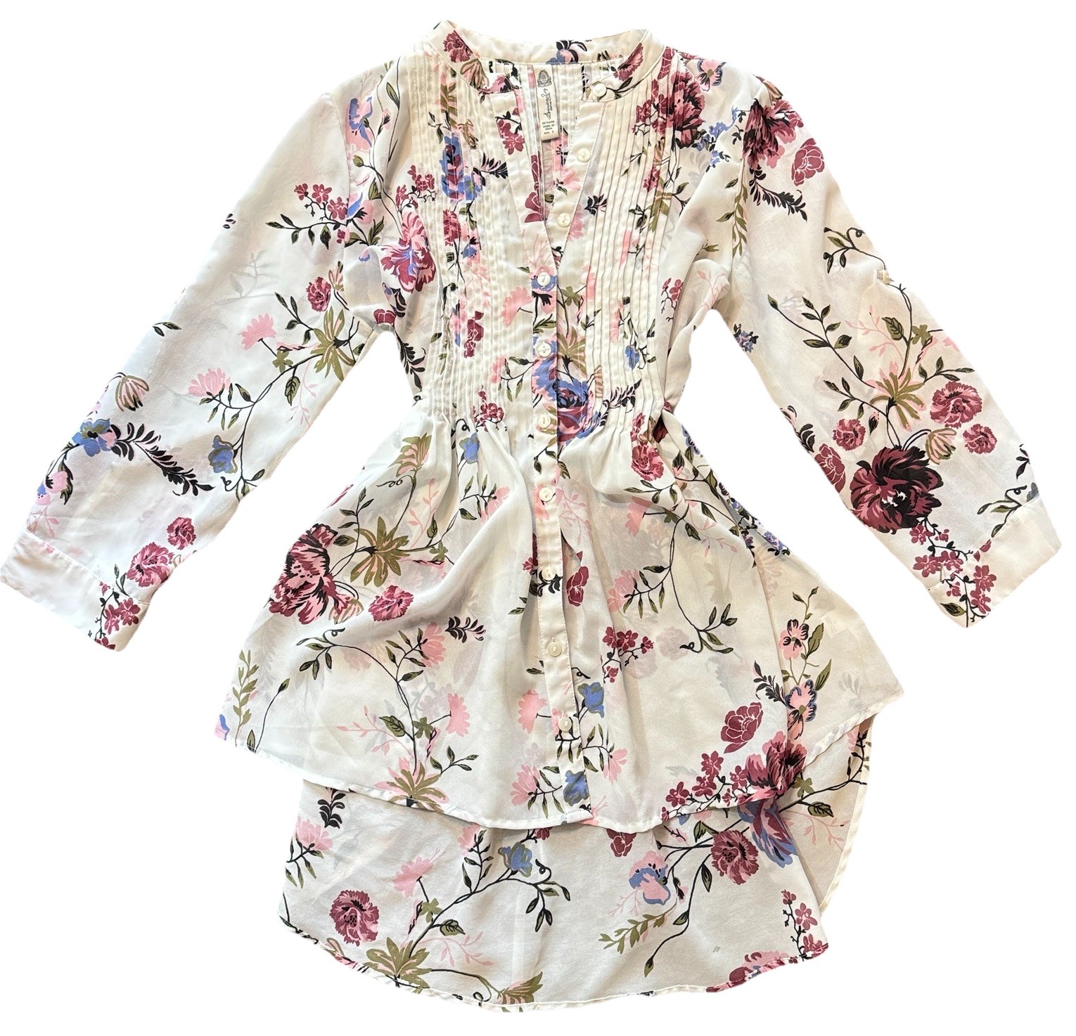 American Rag White/Burgundy/Pink Floral Tuxedo Front Tie Back Blouse Sz Small