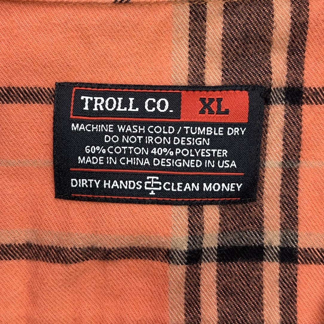 TROLL CO Men’s XL Flannel Shirt Orange Plaid Pearl Snap Street Workwear Utility