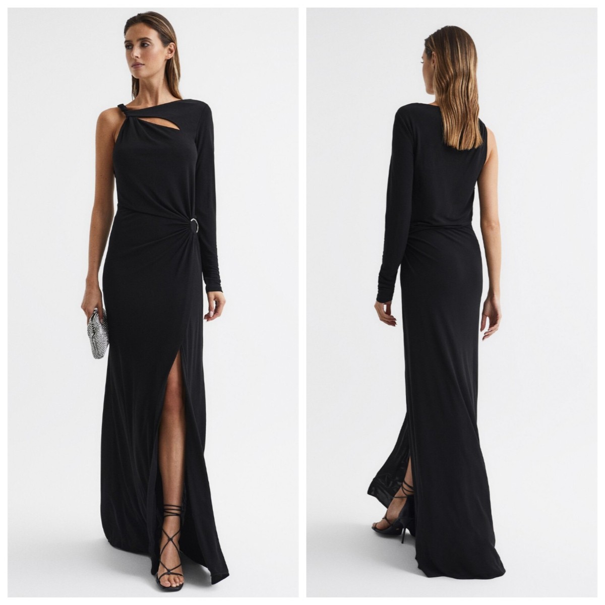 Long Sleeved One Shoulder Prom Ball Gown with Front Slit Ruched Evening Dress