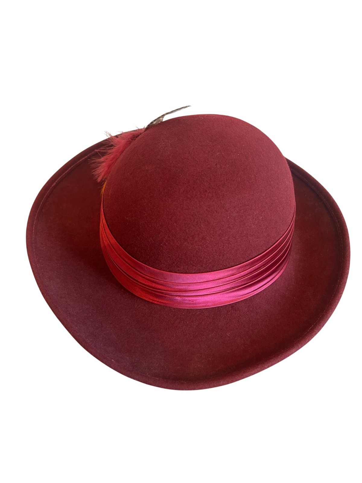 Vintage Geo W Bollman Burgundy Wool Hat With Satin Ribbon & Feather Accent