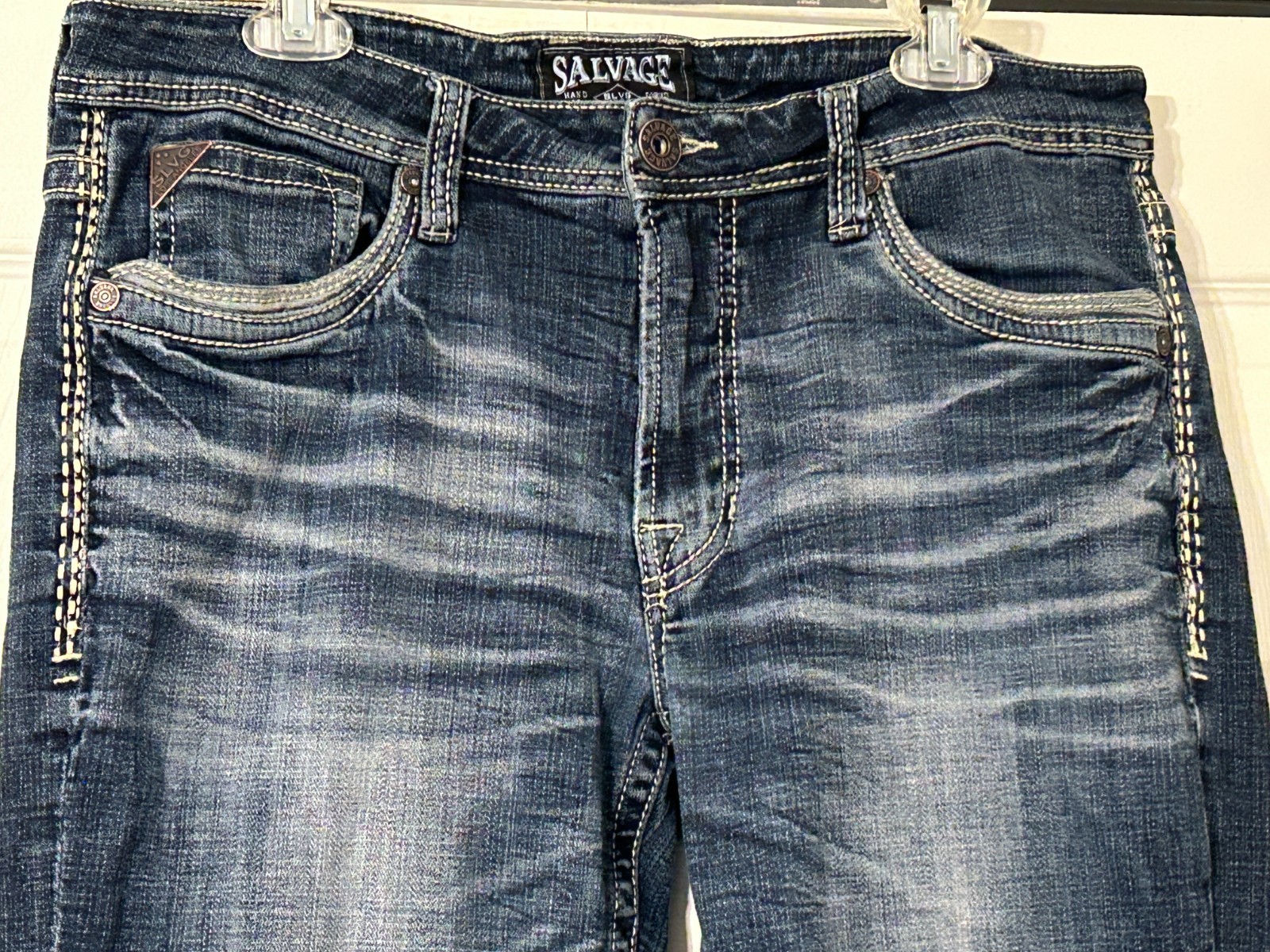 Mens SALVAGE SUPPLY CO Mayhem Bootcut Blue Denim Jeans Sz 34 R SLVG 23-460