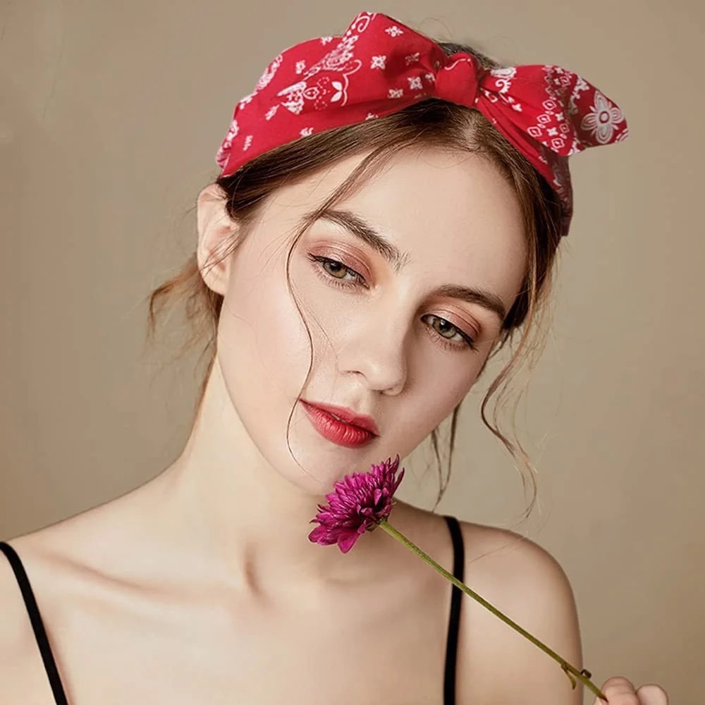 Fashion Paisley Bandana Headband for Women Top Knotted Bow Hairbands Cute Rabbit