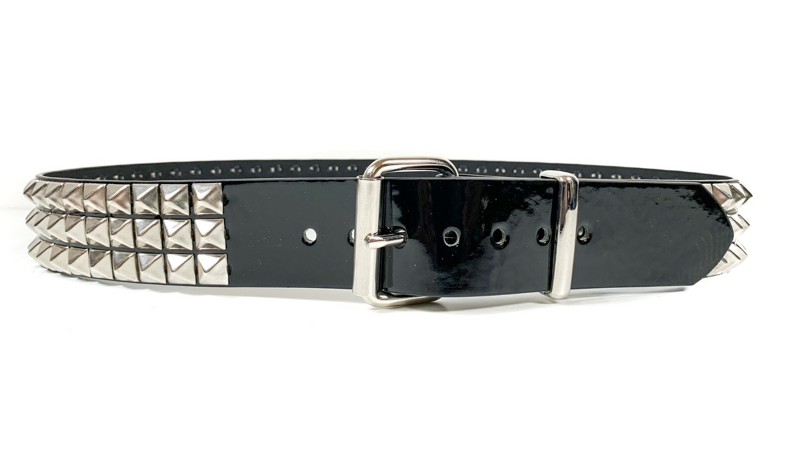 Black Patent Three Row Pyramid Stud Belt Genuine Punk Goth Metal Funk Plus
