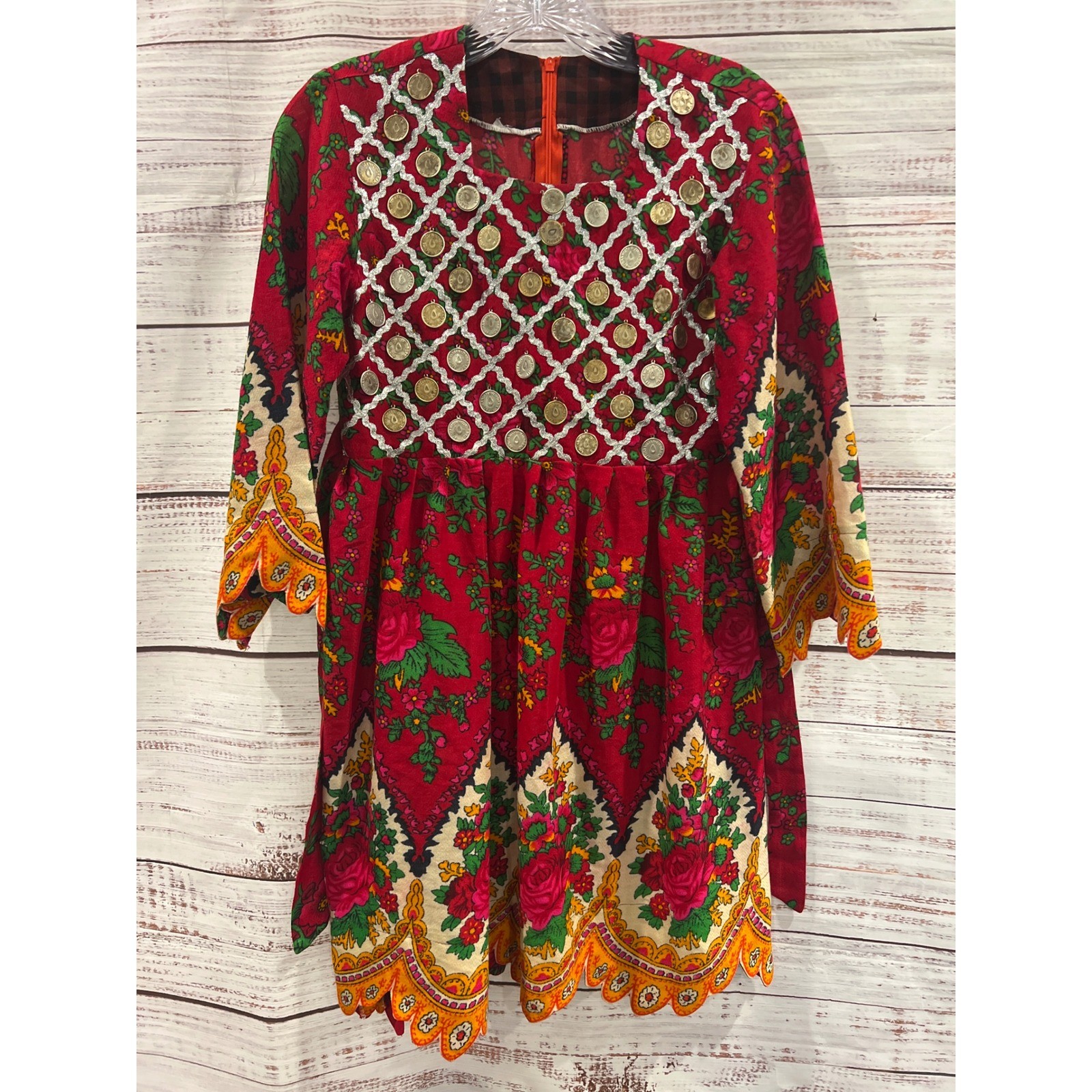 Vintage Afghan Kuchi Dress Red Floral Coin Embellished Ethnic Tribal Boho Mini