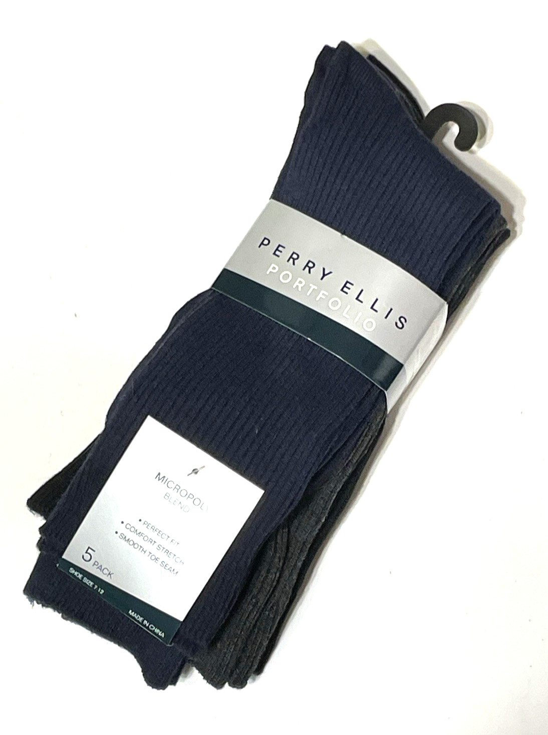 Crew Socks Navy Gray & Black Perry Ellis Portfolio Men’s 5-Pairs Micropoly Blend