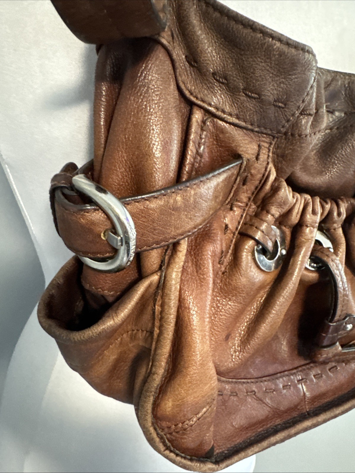 B. Makowsky Brown Leather Shoulder Bag Great Distressed Patina No Rips/Tears