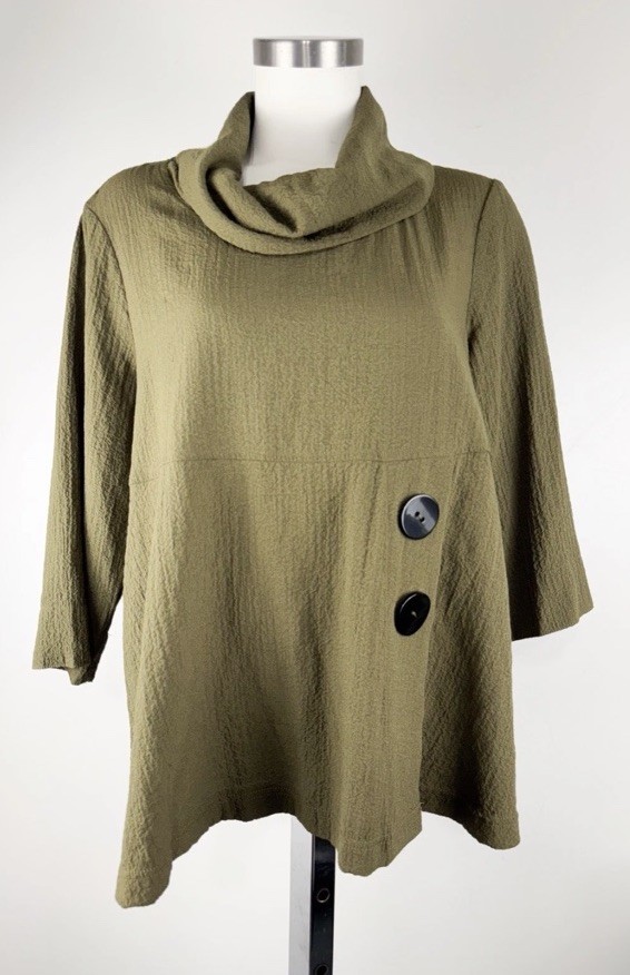 Ali Miles Green Cowl Neck Asymmetric Tunic Top Petite L Art to Wear Lagenlook