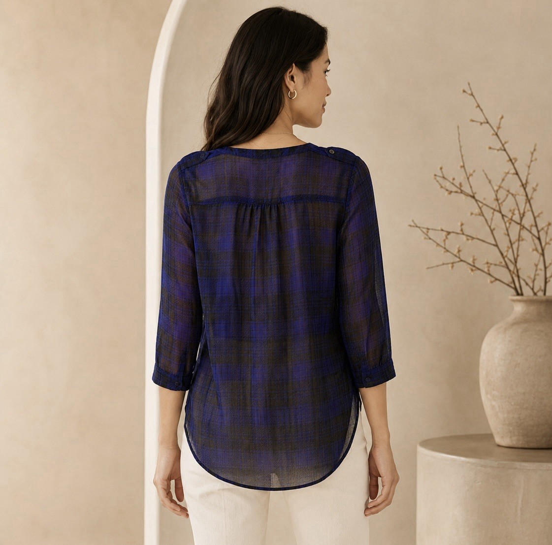 Express Semi Transparent Plaid Blouse Women’s XS Blue Black Sheer Button Top