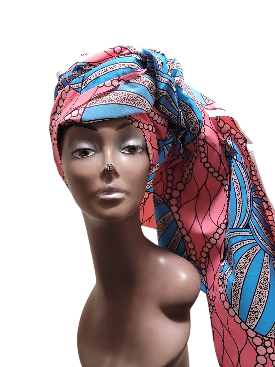 Pink Blue African Print Head Scarf Polyester Ankara Style Turban Hair Wrap