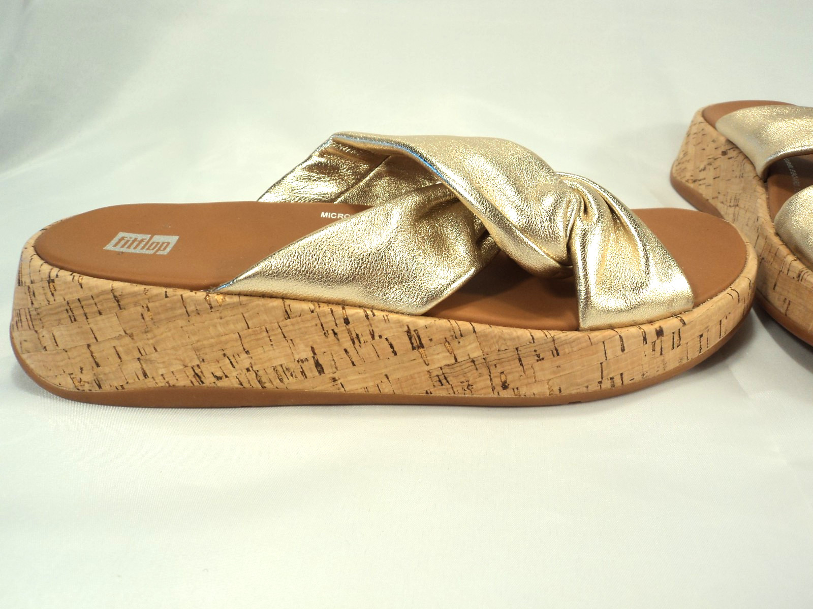 FitFlop F-Mode Leather-Twist Flatform Slides-Cork Wrap in Gold Sz 10 NWOB