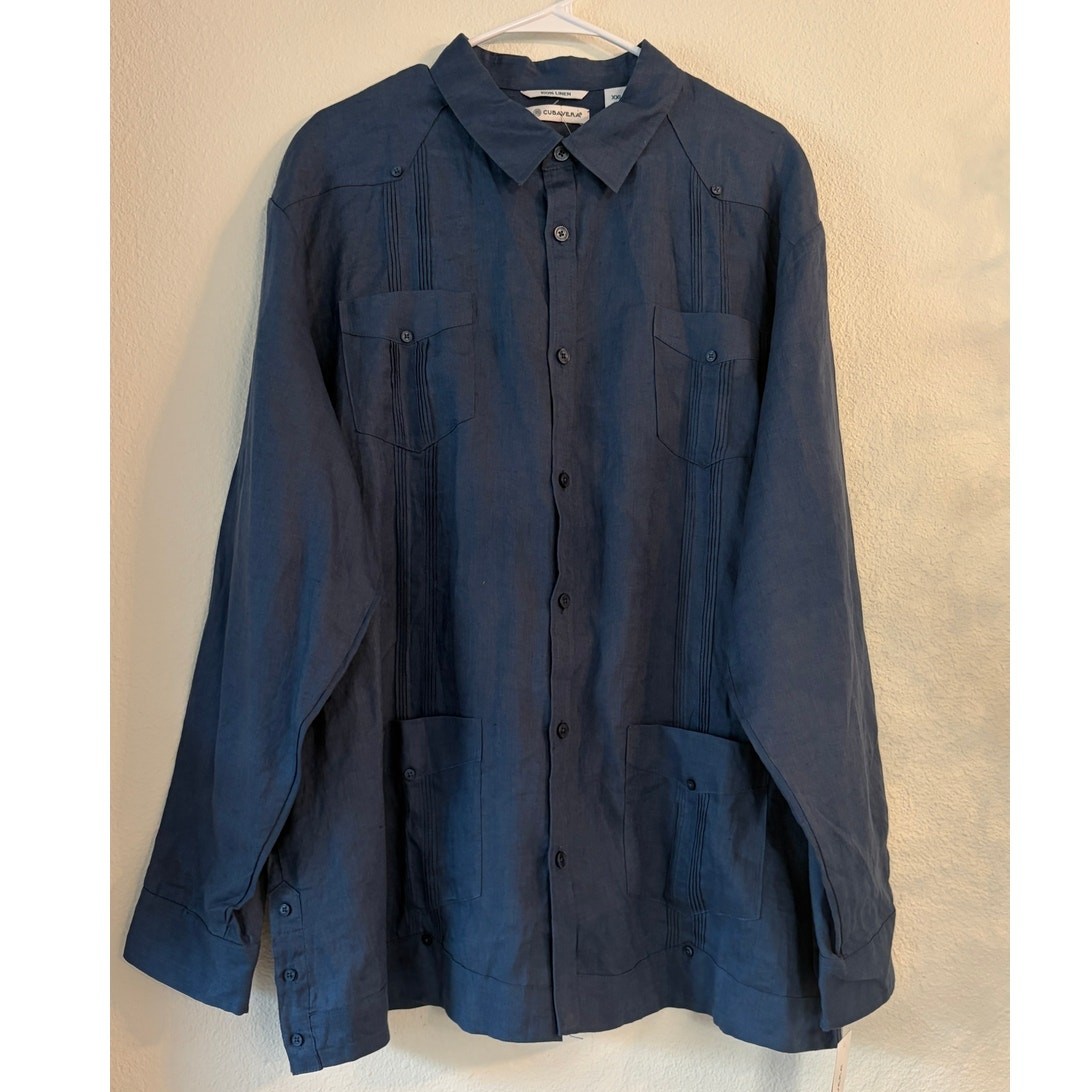 NWT Cubavera 100% Linen Guayabera Shirt XXL Ensign Blue Long Sleeve MSRP $115
