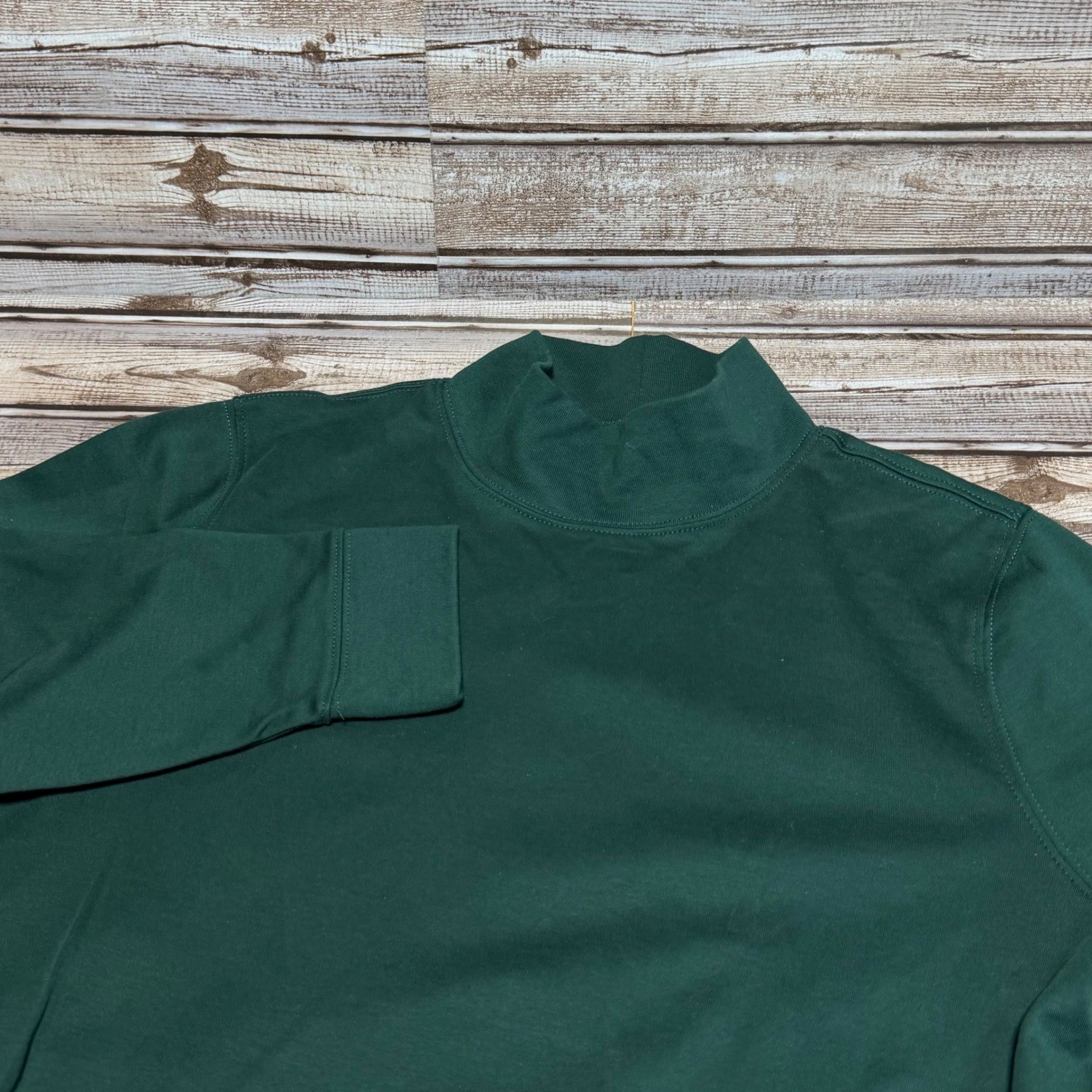 LL Bean Unisex Mock Neck Long Sleeve Shirt Forest Green 100% Cotton S/M