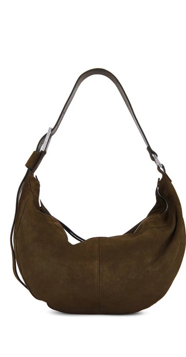 NWT All Saints Halfmoon Crossbody/Shoulder Leather Suede Fango Chocolate Brown