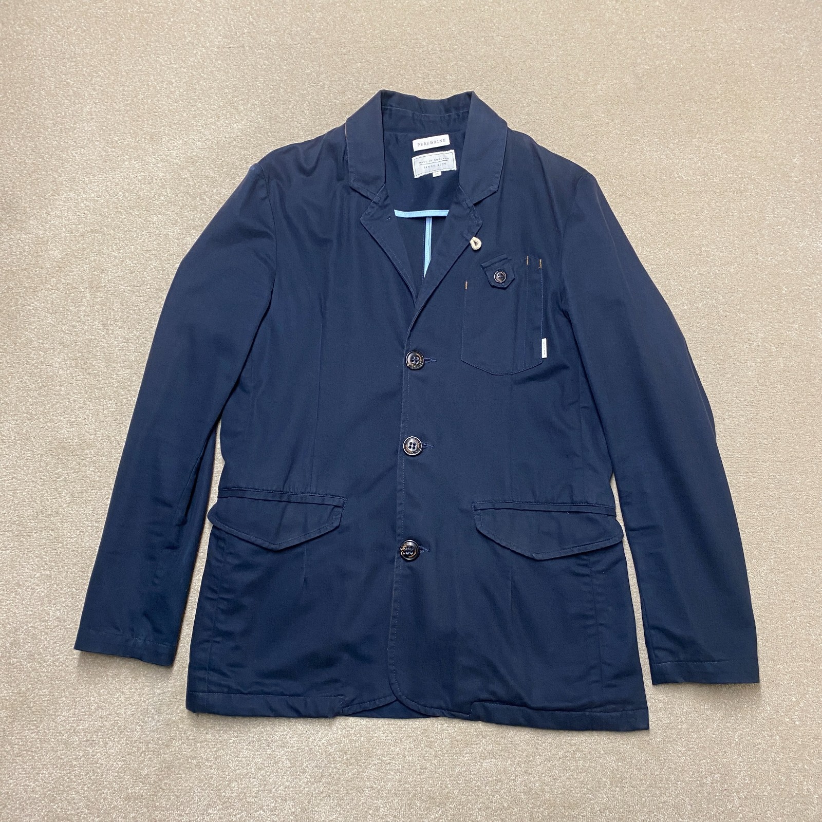 Peregrine Blazer Jacket Men’s Medium Navy Blue Cotton Chore Button-Up Made in UK