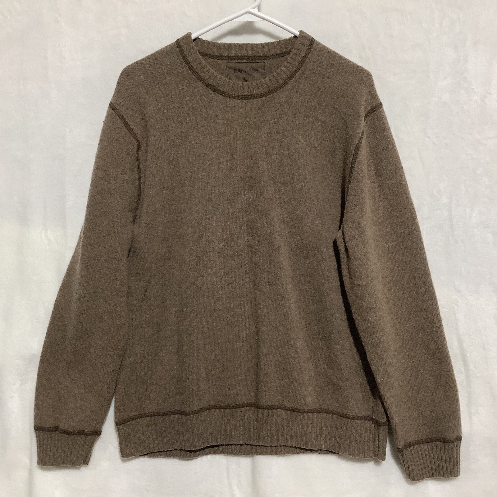 Express Sweater Tan Brown 100% Lambs Wool Warm Winter Mens XL Ribbed Crew Neck