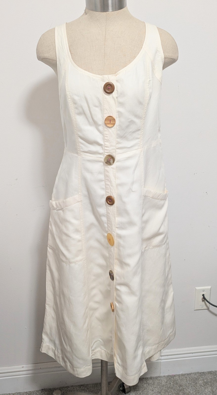 Anthropologie Cream button Front Midi Dress Linen Blend 10 Beachy Cortage Preppy
