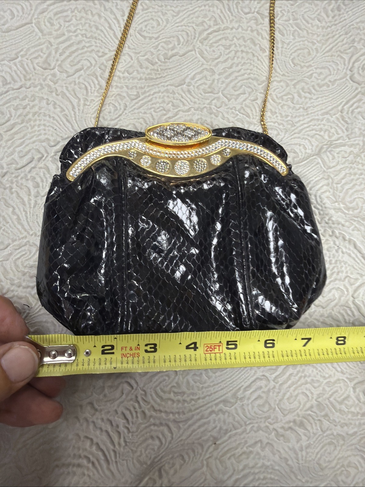 Vintage Embossed Glossy Black Snakeskin Clear Pavé-Set Crystals Jeweled Purse