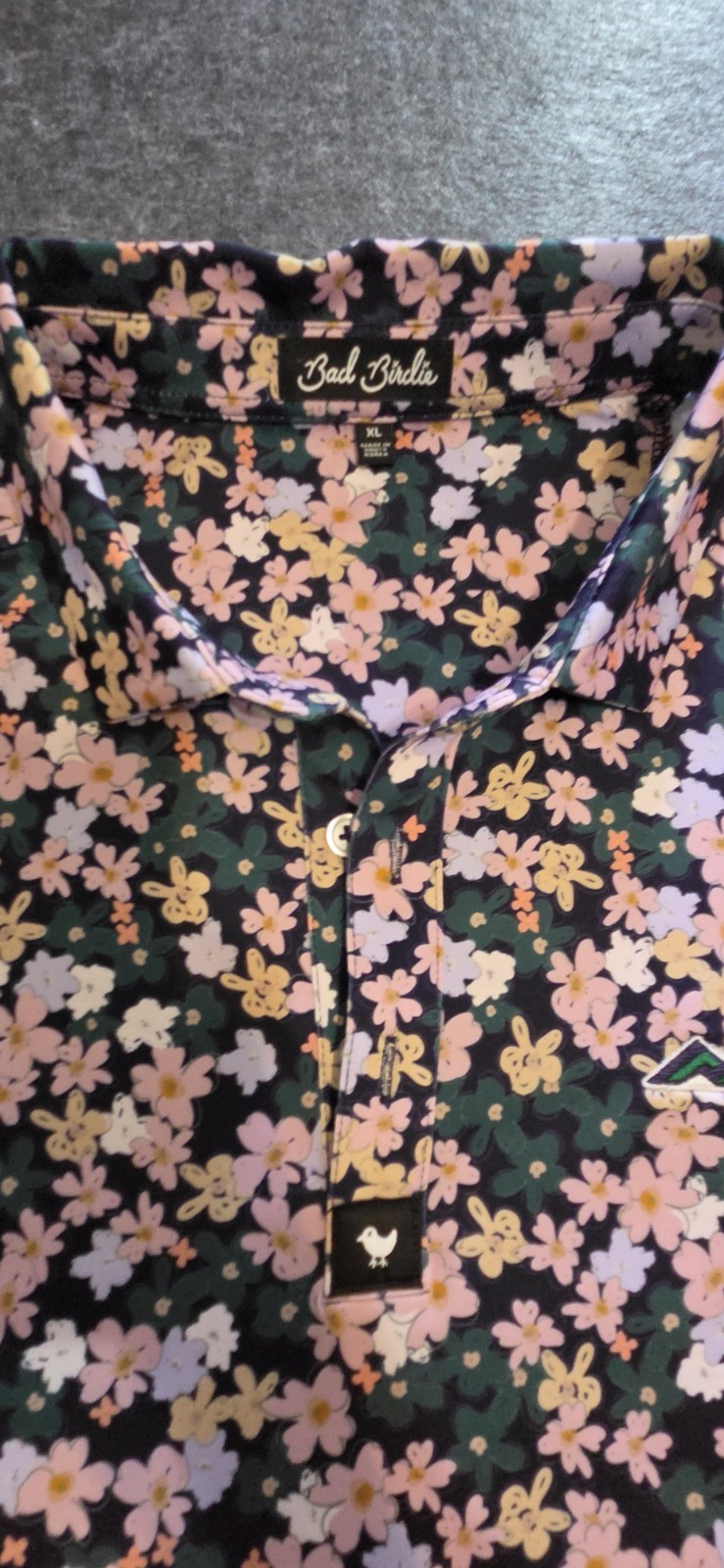 Bad Birdie Men’s XL Multicolor Floral Polo Shirt Short Sleeve Collared Logo