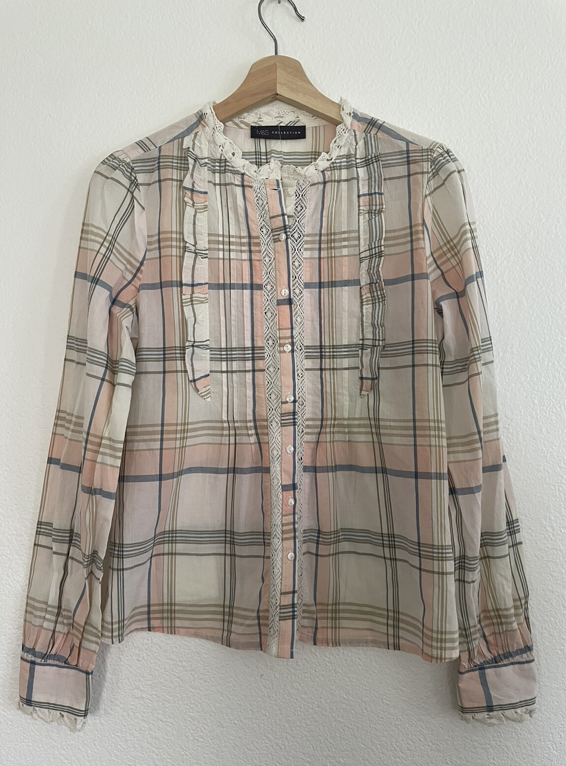Women’s NWT M&S Collection Ivory Pink Blue Plaid Ruffle Blouse UK 8 US Size 4