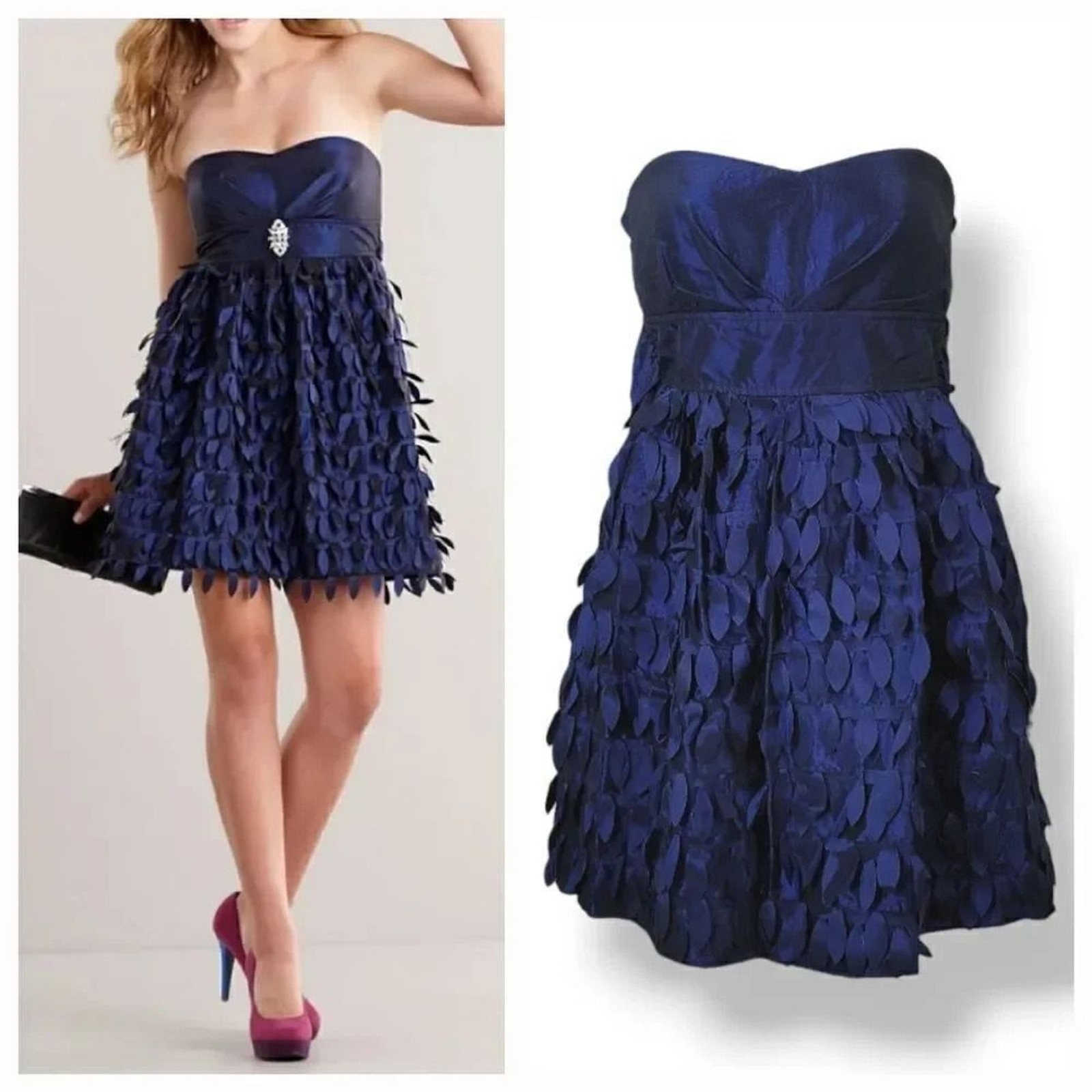 My Michelle Layered Navy Taffeta Feathered Strapless Formal Cocktail Prom Dress