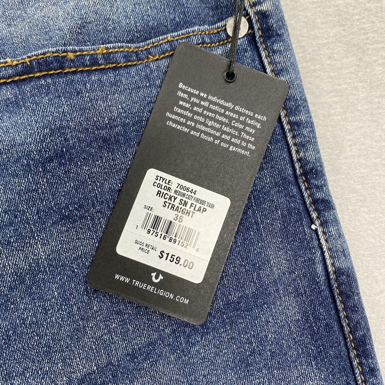 True Religion Jeans Mens 36×34 Blue Denim Ricky Relaxed Straight Flap Pockets