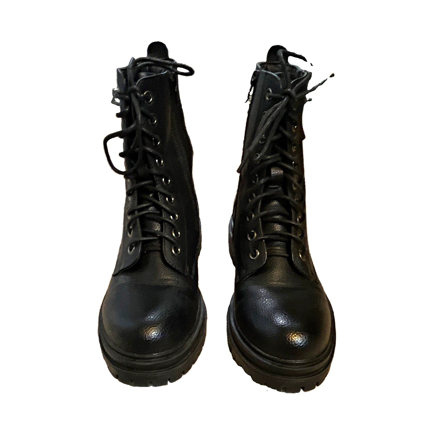 Women’s Black Combat Mid-Calf Boots Faux Leather Lace-Up Side Zip Round 7M