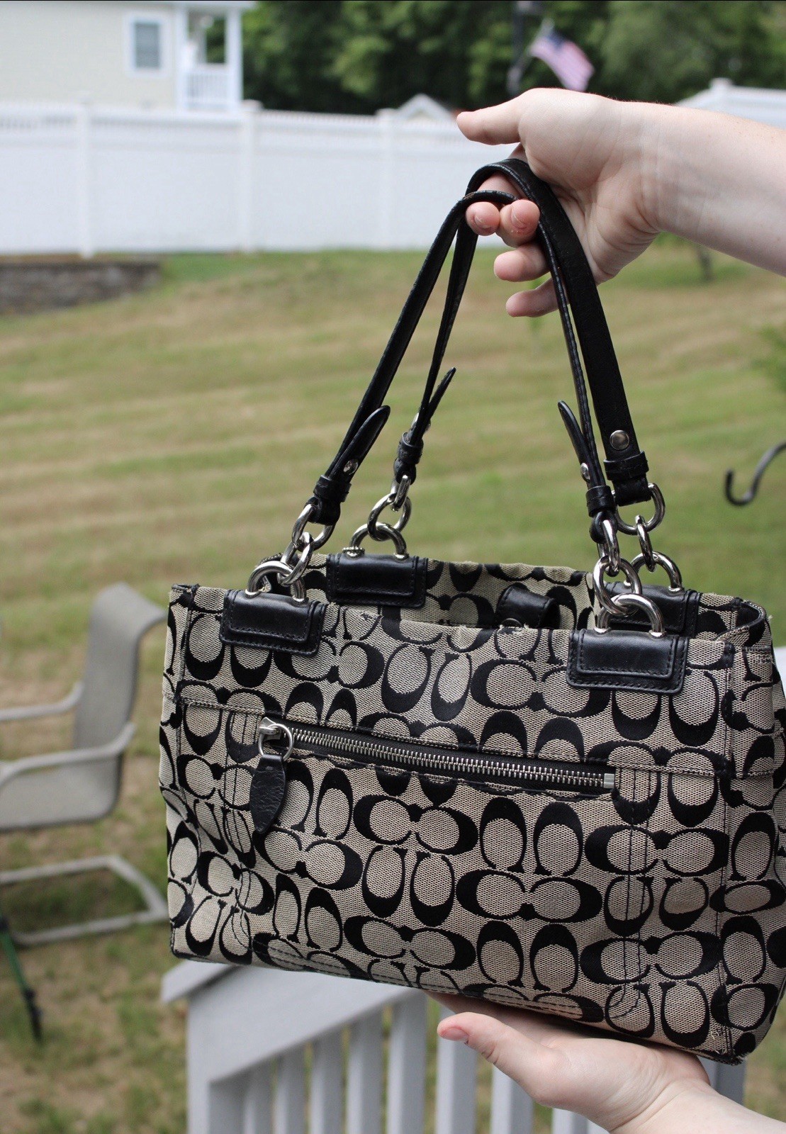 Vintage Coach Penelope Signature Tote featuring a black and gray monogram canvas