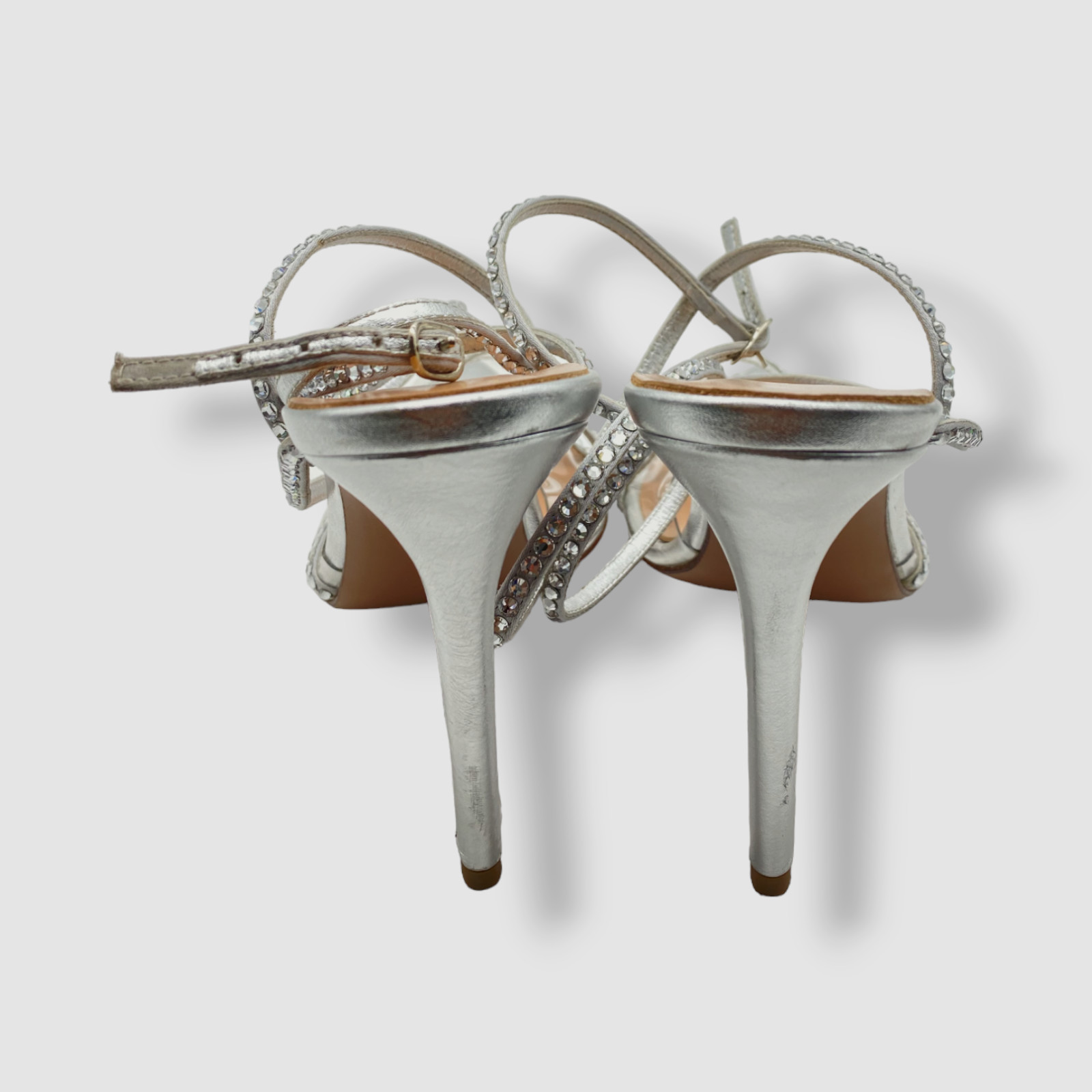 $695 Andrea Wazen Women’s Silver Dassy Sunset PVC Ankle Wrap Pump Heels Shoes 36