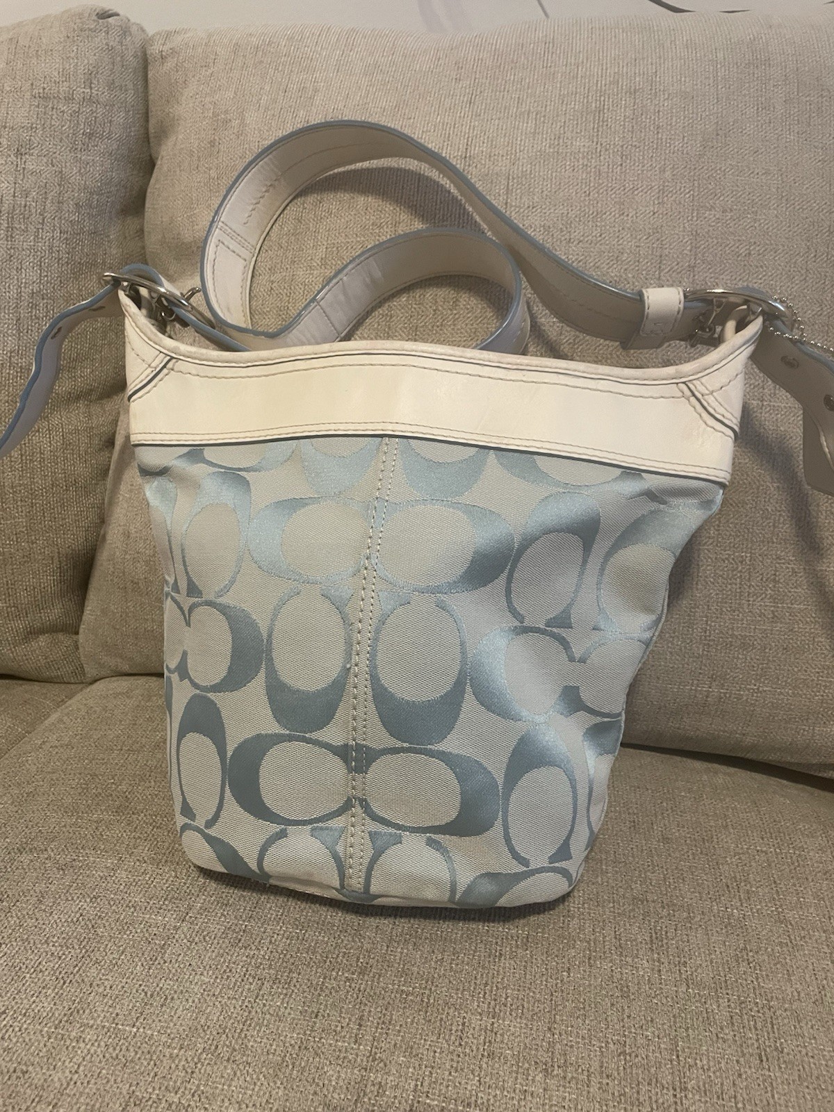 Coach Sky Blue Signature C Canvas Leather Trim Bucket Duffle Shoulder Bag F13358