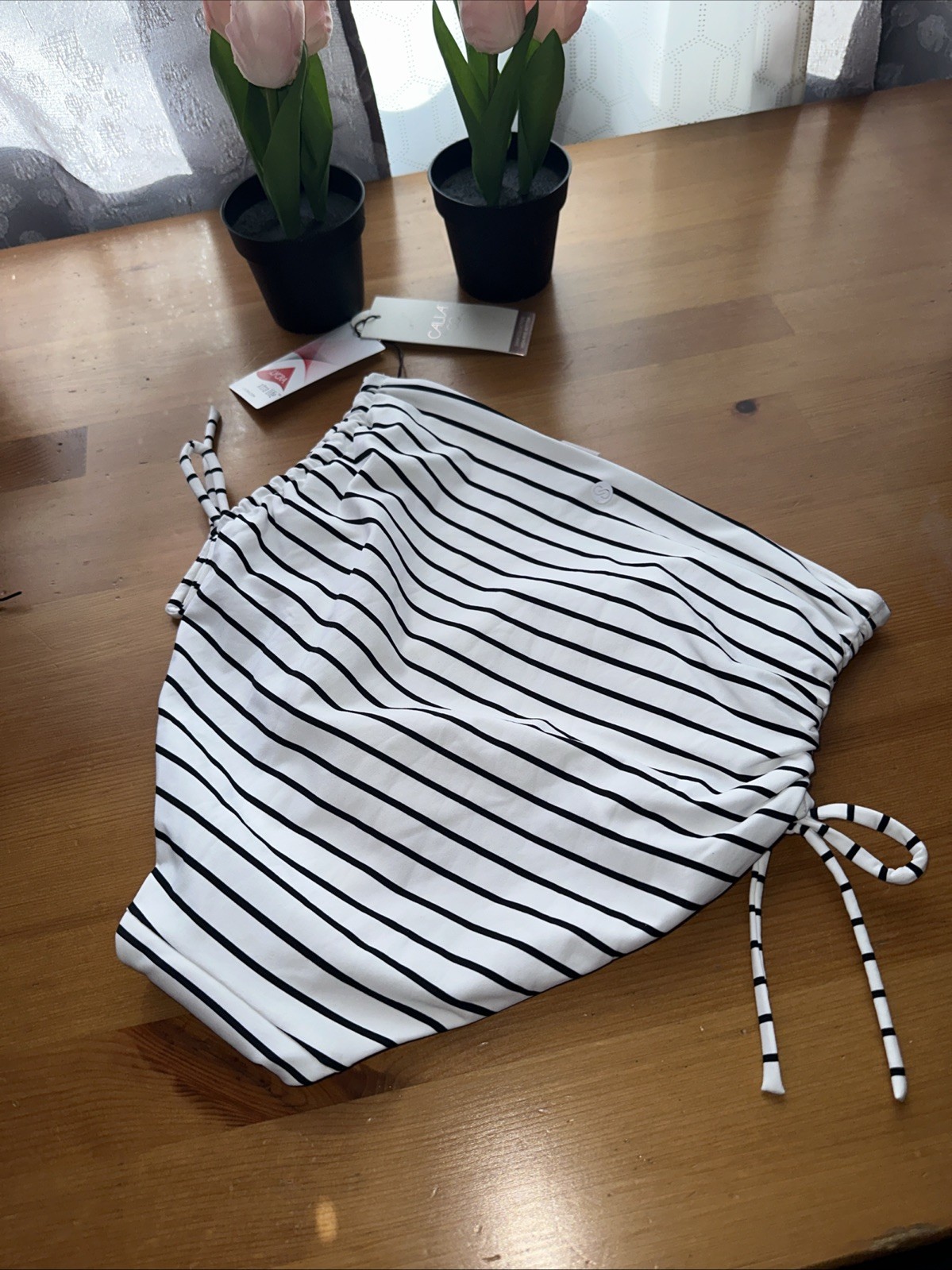 CALIA High Waisted Ruched Side Tie Swim Bottoms Size Small Women Coastal Stripe