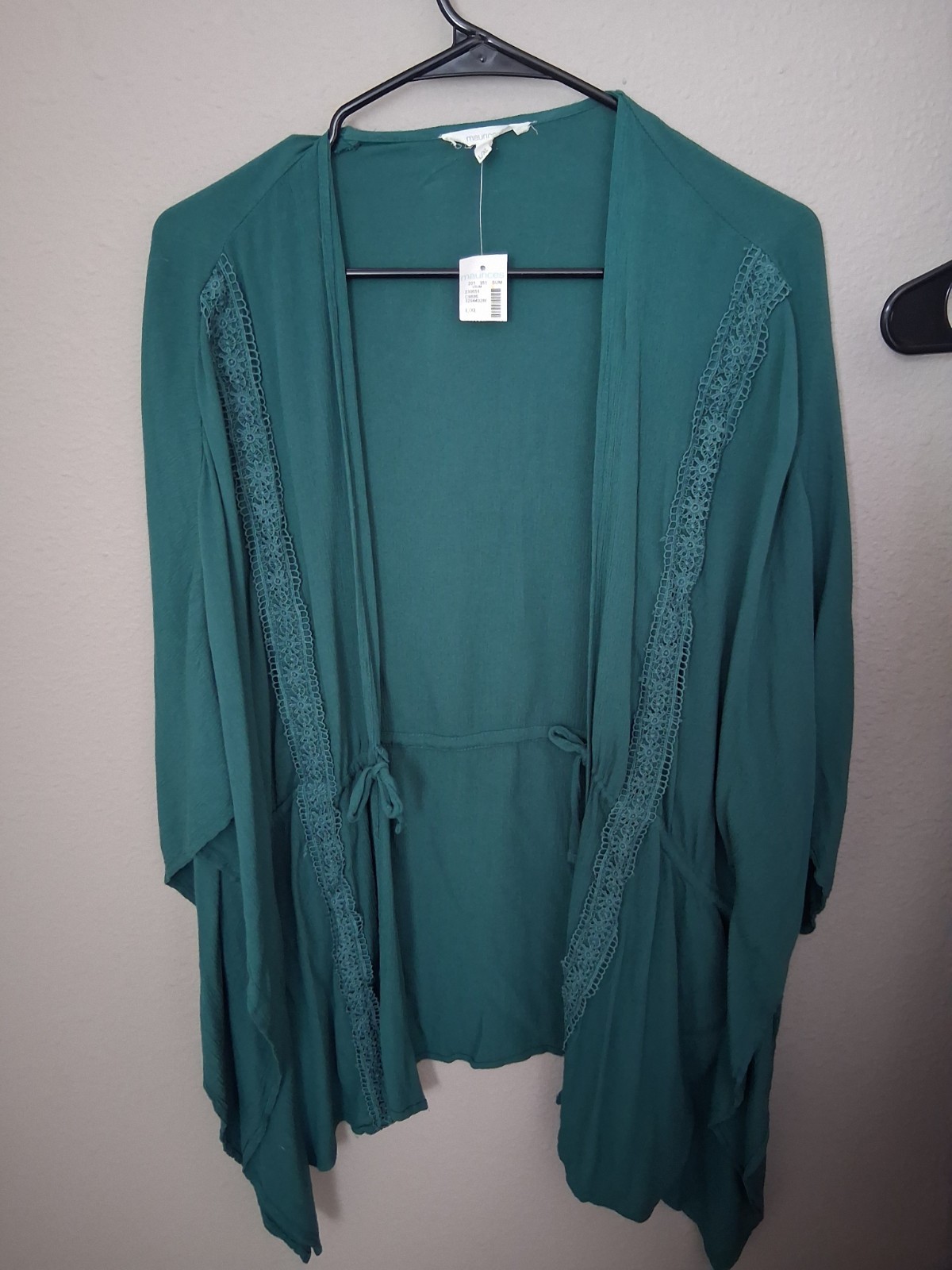 NWT Maurices Teal Open Front Lace detail Kimono Size L/XL