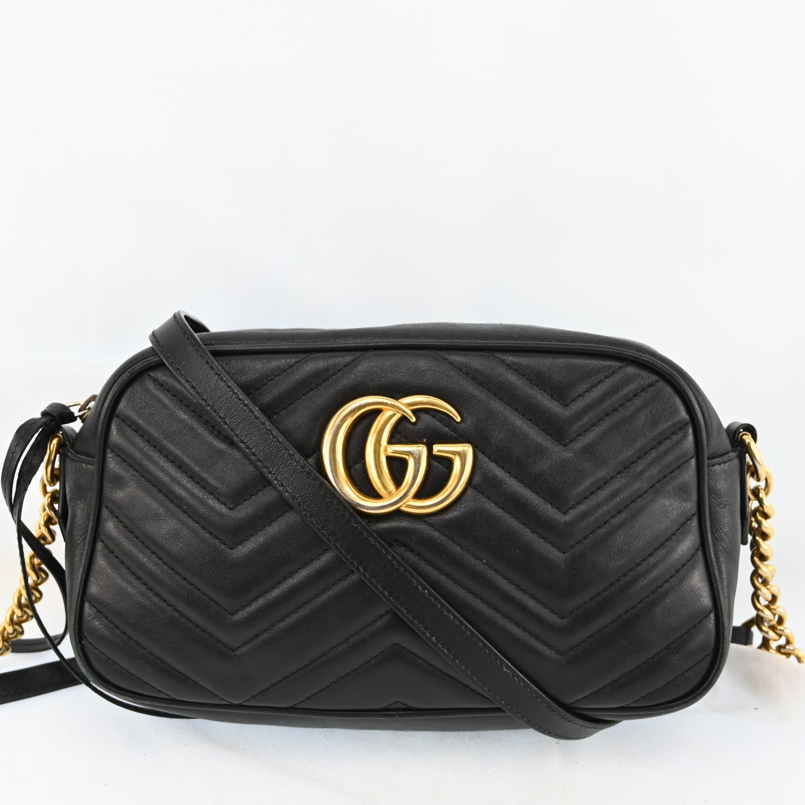 Auth GUCCI GG Marmont Chain Shoulder Cross Bag Leather 447632 Black F1548YJ708