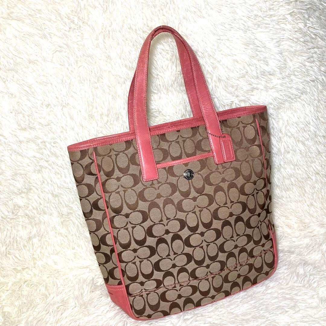 COACH Pink Brown Canvas Leather Tote Bag Logo Inner Pockets 11.8×12.6 in