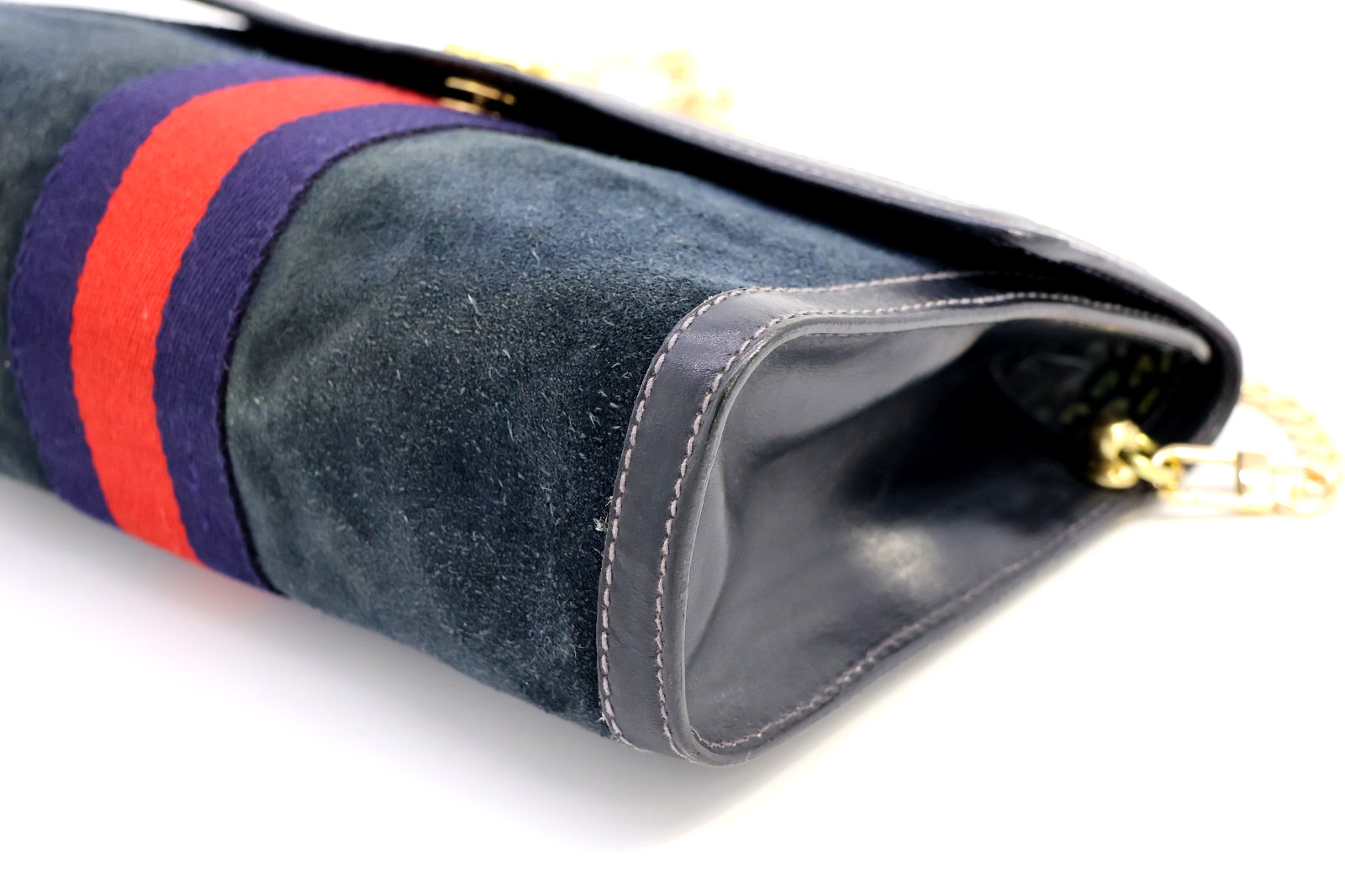 GUCCI VINTAGE Web Stripe Shoulder Bag Suede Leather Navy Classic Authentic