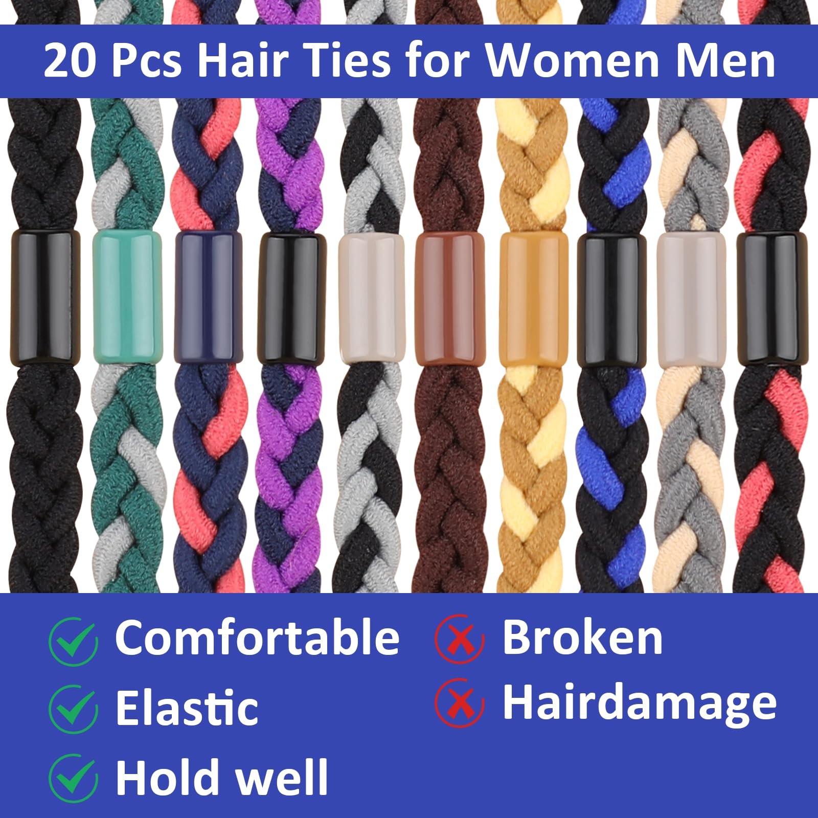 20 Pcs Braided Hair Ties for Men, Nylon Elastic Flat Hair Tie No Damage Creas…